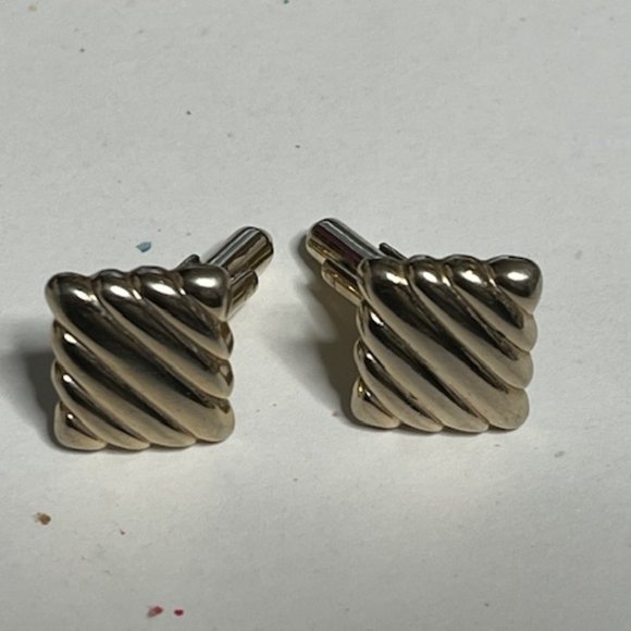 VTG Gold Tone Square Shaped Striped Ribbon Style Cuff Links Retro Gift - Picture 5 of 14